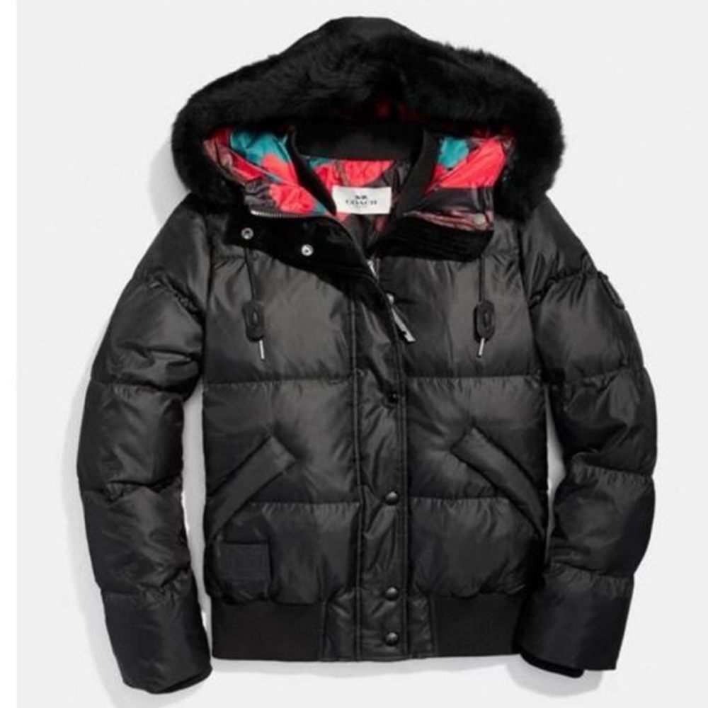 Coach Black Hooded Puffer Jacket with Shearling Hood EUC like new